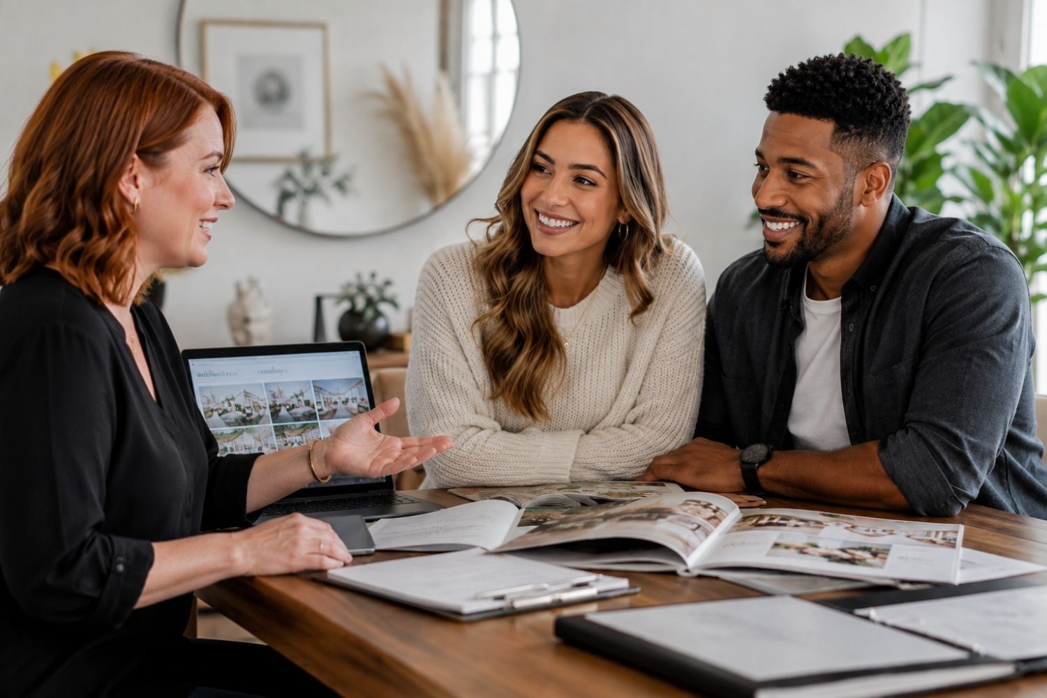 Wedding professional with red hair meeting with an engaged couple to discuss wedding planning and services.